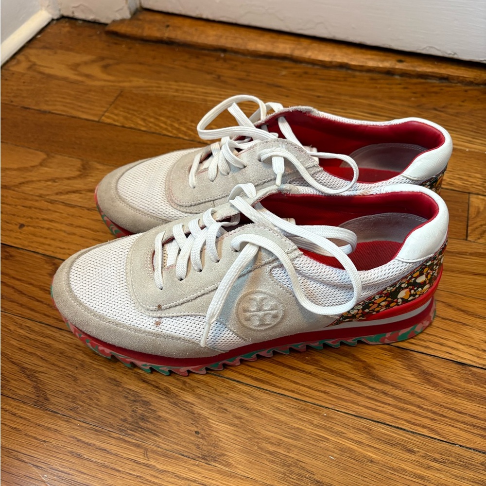 Tory Burch White and Red Lace-Up Sneakers